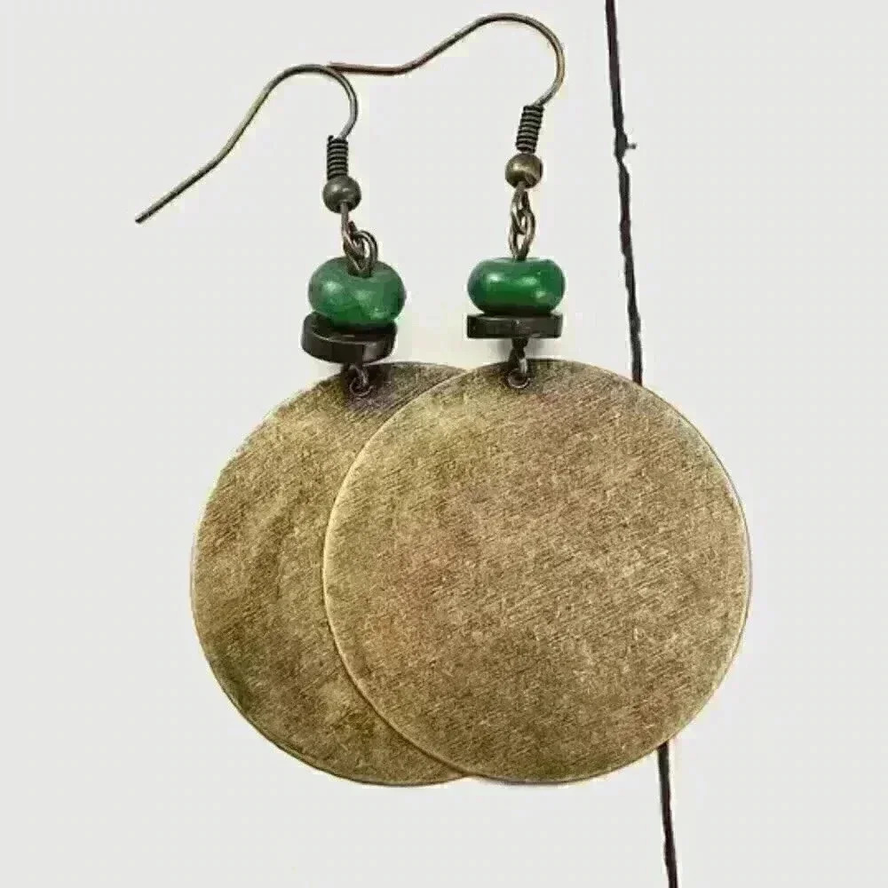 Bohemian Style Vintage Bronze Round Disc Earrings with Turquoise Accents,